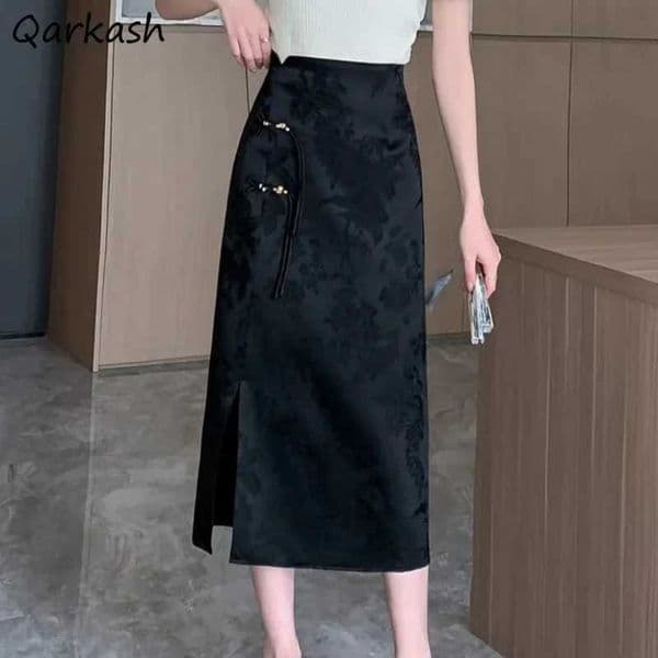 Chinese Style Skirts for Women Printed Casual Streetwear Elegant Female Spring Summer Chic Solid High Waist Simple New Trendy L260414