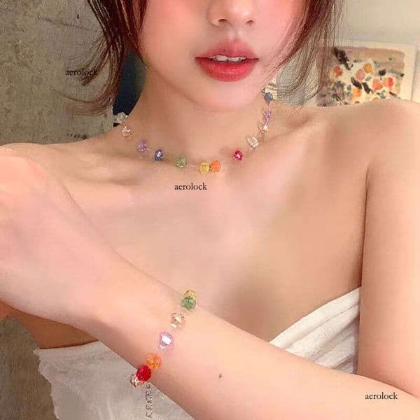 Summer Dopamine Colorful Crystal Beaded Necklace, Unique Collarbone Chain, Versatile and High-End Choker Necklace