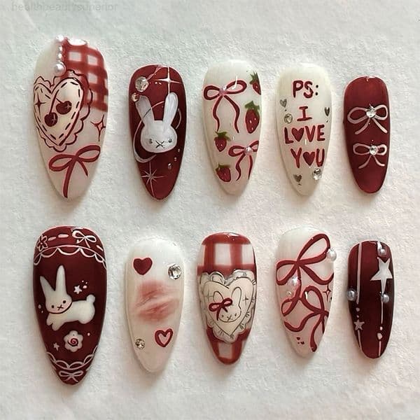 Fake Nail Tips Cute Cartoon Rabbit Fake Nails with Pearls and Rhinestones Detachable Almond Nails Finished Nails False Nails Fake Nails Extension