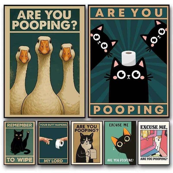 Funny Bathroom Black Cat Toilet Humorous Quotes Are You Pooping Duck Dog Poster Canvas Painting Wall Art Picture Home Decor 26Y0414