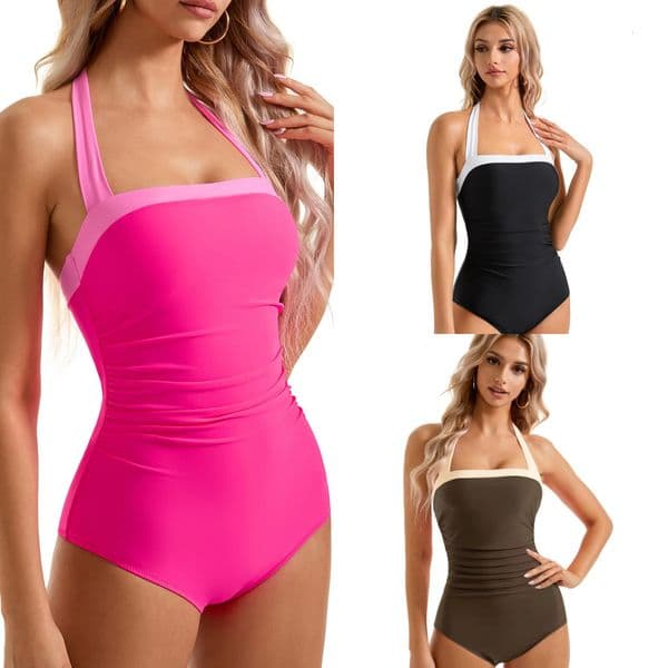 2025 Style Backless Color Block Slim Fit Tummy Control Strap Cross-Border Amazon European and American Sexy Multi-Color One-Piece Swimsuit