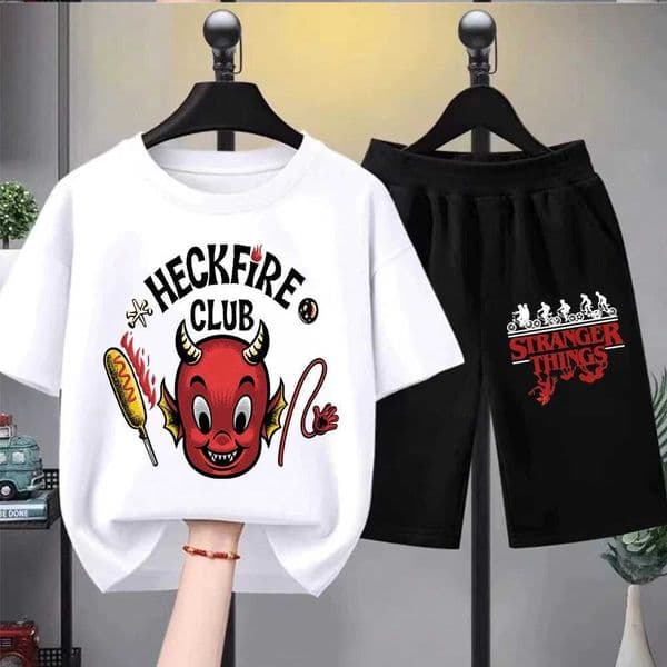 Cute Devil Head Heckfire Club Printed Kids T-Shirt Set with Hot Dog and Tail Design for Fashionable Childrens Wear S260414