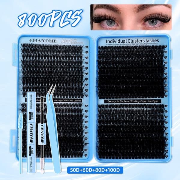 DIY Lash Clusters D Curled Thick Fluffy Eyelash Extension Kit with Lash Bond and Seal Easy Application Lashes Natural Look Reusable False Eyelashes for Women