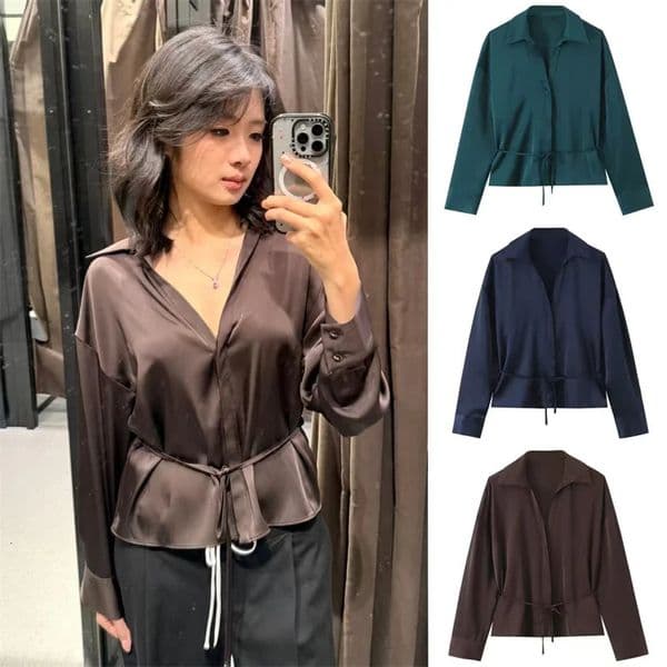 Womens Shirt 2026 Spring Style Solid Color Long-Sleeve Satin Texture with Waist Belt Decoration Simple Shirt Elegant 260413