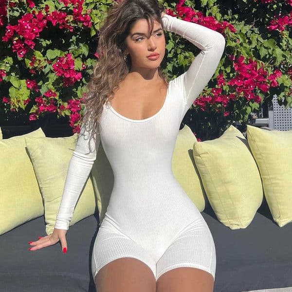 Womens Clothing 2025 Spring New Solid Color Ribbed U-Neck Long Sleeve Slim Fit Hip-Lifting Sports Jumpsuit for Women H260414