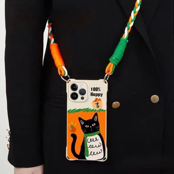 Compatible with Apple 16 New Model Lanyard Phone Case 14 Pro Crossbody 13 Anti-Lost Cartoon 12 Neck Strap Cat