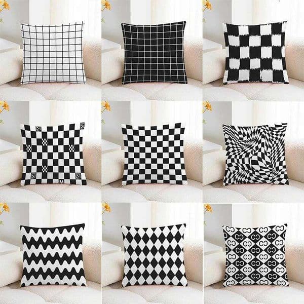 Black and White Plaid Print Decorative Bedroom Living Room Square Cushion Pillowcase 26Y0414