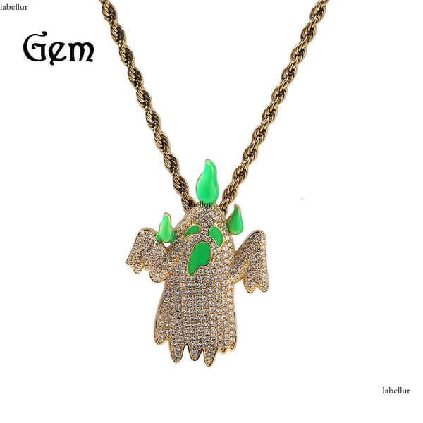 Hip Hop Vintage Cute Colorful Luminous Ghost Pendant Necklace Niche Street Style Personality Diamond-Studded Cartoon Sweater Chain Jewelry