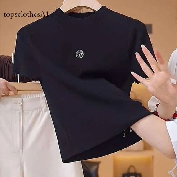 Black Ice Silk Knitted Short-Sleeve T-Shirt For Women, Summer Thin Style, Versatile Elegant, Slimming And Fashionable Half-High Collar Top