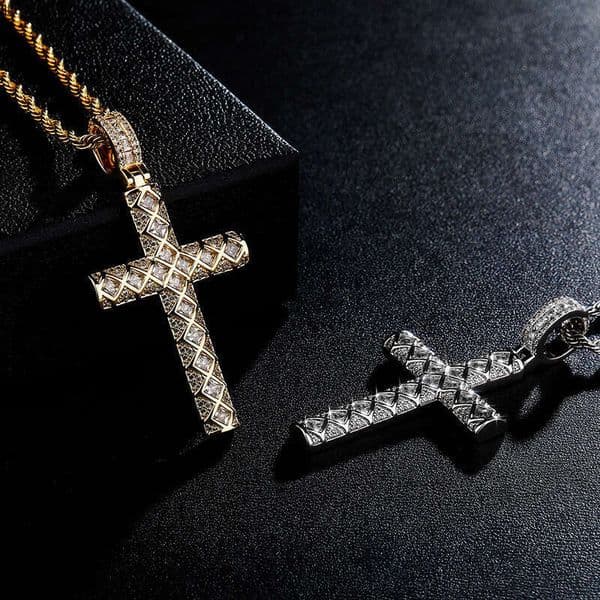 Jewelry Hip Hop Grid Full Moissanite Cross Pendant Necklace Unisex Simple Fashion Jewelry