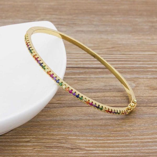 Nidin New Design High Quty Charm Rainbow Brelet Copper Zirconia Rhinestone Cuff Bangle Trendy Jewelry Gift For Women Girls Q260413