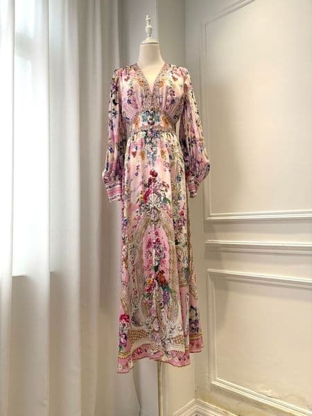 2026 spring and summer new style Australian light pink floral classic V-neck long-sleeved fitted waist silk dress