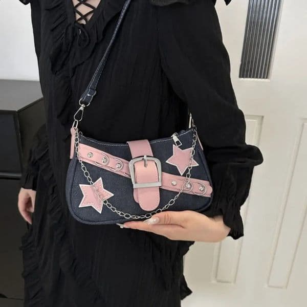 Y2k Fashion Womens Handbags Stars Pattern Cool Girls Underarm Bag Female Small Shoulder Bags Chain Tote Purses 260414