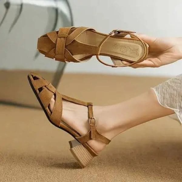 Thick Heel Romen Sandals Women High Leather Shoes Retro Weave Hollow Pumps British Style Female Summer 260414
