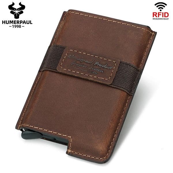 HUMERPAUL Slim Mens Credit Card Holder Wallet Genuine Leather Pop Up Aluminum Card Box RFID Blocking Smart Walets Money Clip 260413BJ