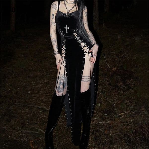 Goth Dark Punk Grunge High Split Hem Straps Dess 90s Streetwear Gown Women Sexy Corn Bandage Velvet Dresses Mall Gothic Clothing 260410