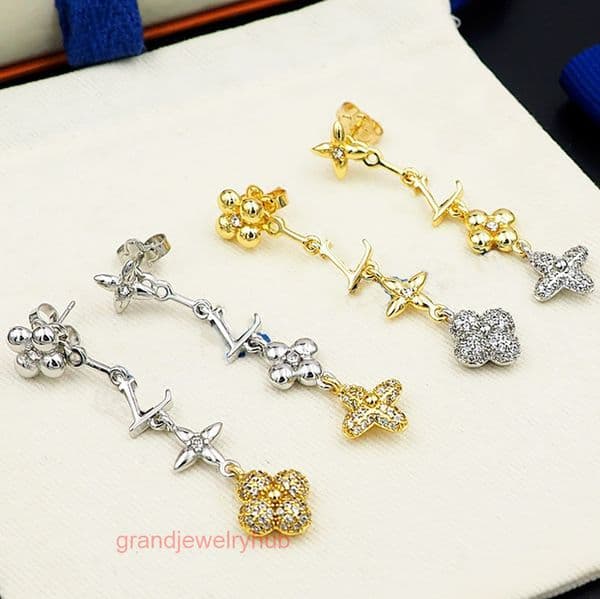 designer earrings lousi lvness Louise lvs earring Jewelry V Letter Three-Flower Intercolor Full Diamond Earrings for Women Long Gold Flower with Diamond Earrings