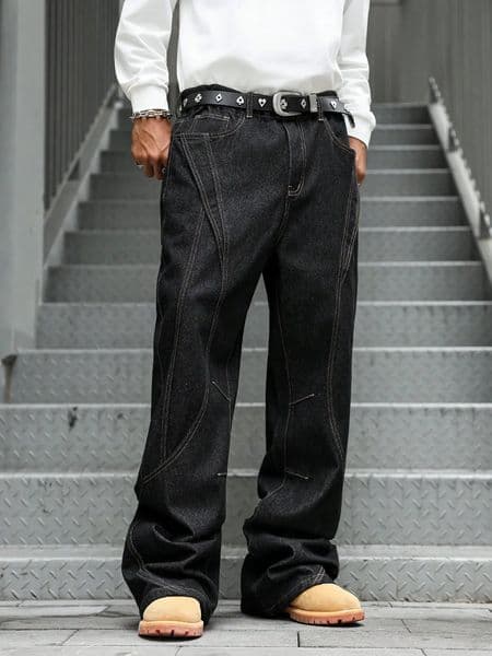 Mens Fashion Trend Casual Patchwork Distressed Flared Black Jeans loose comfortable and breathable style 260415