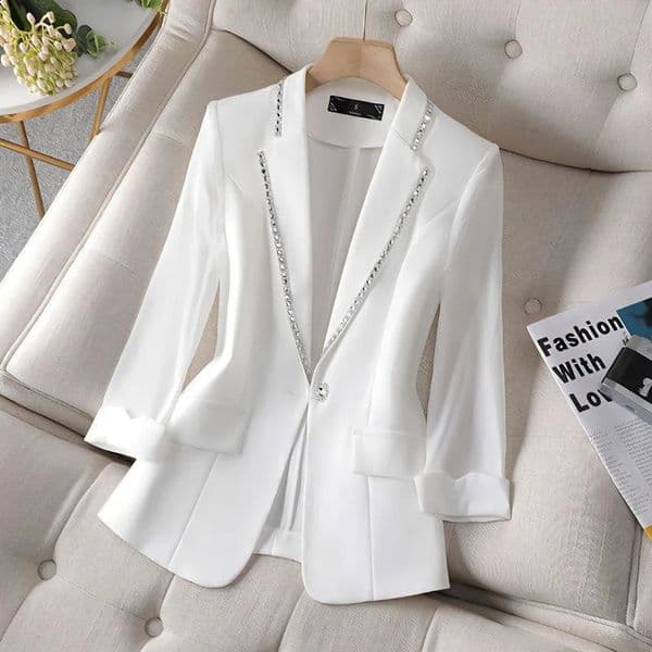 Summer Womens Blazer Diamond-Encrusted Sunscreen Jacket White Suit Jacket Women Fashion Thin Blazer Ladies Tops5XL 260414