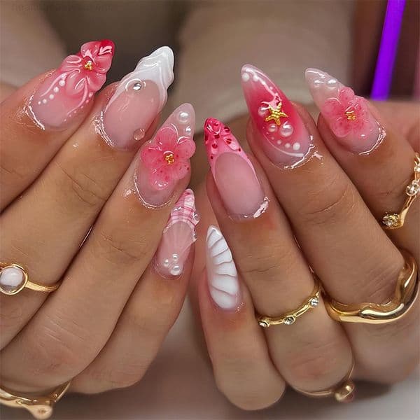 Fake Nail Tips Sweet Pink Fresh Flower Wearable Nails Rhinestone Pearl Nail Art Fake Nails 3D HotSelling Nail Stickers False Nails Fake Nails Extension