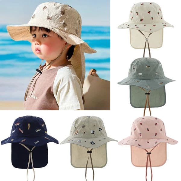 Summer Baby Sun Hat Quick-dry Beach Children Panama Cap for Girls Boys Embroidery Cartoon Kids Bucket Hats Neck Protection 1-4Y 260415