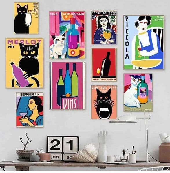 Retro Wine And Jazz Summer Festival Poster Canvas Painting Abstract Cats Drink Wall Art For Modern Living Room Home Decor 26H0415