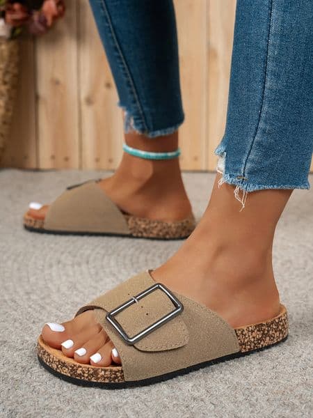 Womens Summer Spring and Autumn Casual Simple Large Buckle Suede Upper Soft Wood Grain Comfortable Flat Heel SlipOn Beach Slippers 260414BJ
