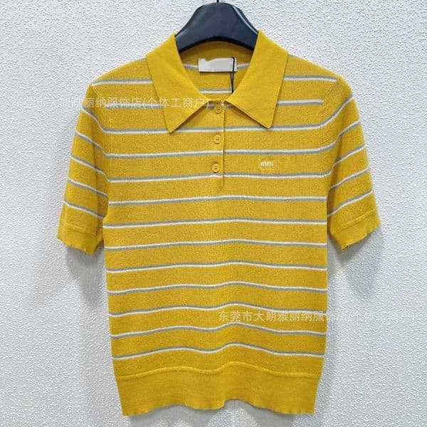 Women's Knits & Tees designer HouM brand~top-level version early spring new style color-block striped polo collar knitted short sleeve 5LMF