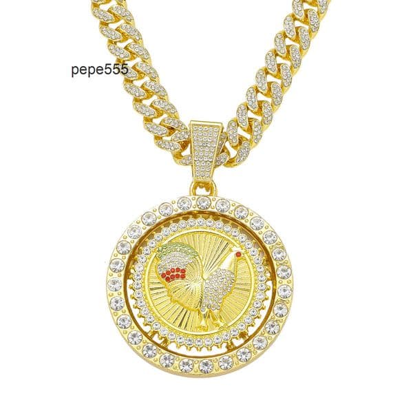 New mens full-diamond chain hip-hop style personalized rotating rooster pendant necklace