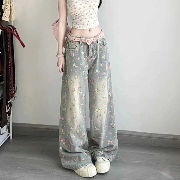 High Waist Slimming Denim Jeans American Style Floral Patchwork Wide Leg Pants for Women Fashion Taller Looking L260414