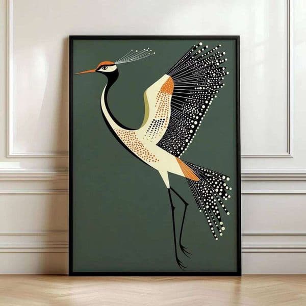 Fancy Flying Crane, Art Deco Retro Mid Century Modern House Bird Lover Decor, Vintage Japandi Wall Art, Digital 26H0415