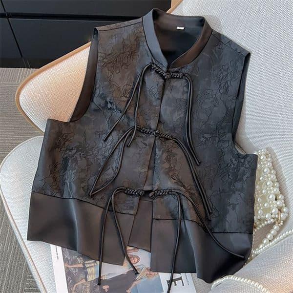 Chinese Style Black Women Loose Fit Vest Coat Spring Autumn Female Jacquard Camisole Ladies Cardigan Waistcoat Jacket 260414BJ