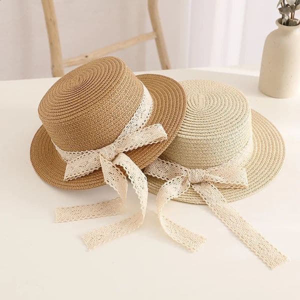 Cute Bow Lace Girls Straw Hat Spring Summer Breathable Sunshade Kids Sun Hat Outdoor Travel UV Protection Children Panama Cap 260415