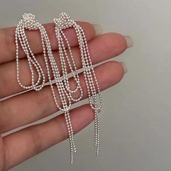 Korean Silver Color Knot Chain Pendant Earrings for Women Girls Elegant Round Bead Long Tassel Drop Earring Wedding Jewelry Gift L260415
