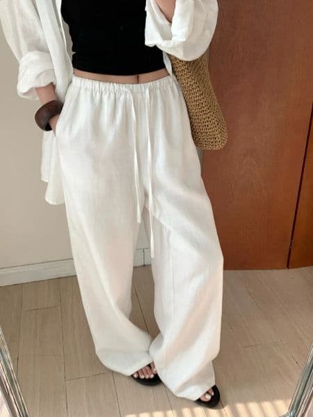 Slack Linen Wide-leg Pants Summer Loose Versatile Drawstring Straight White Casual Trousers Korean Fashion 260414BJ