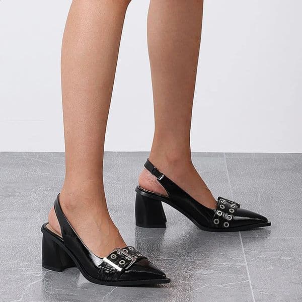 Womens Slingback Heels Block Chunky Heel Comfortable Pointed Toe Pumps Wide Metal Buckle Strap Office Party Dress Shoes Woman 260413
