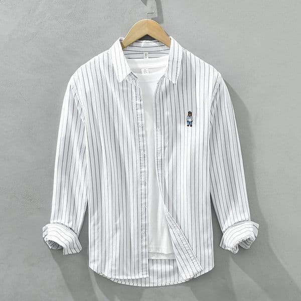 Spring Summer Embroidery Striped Shirts for Men Casual 100 Cotton Fashion Clothing 260415