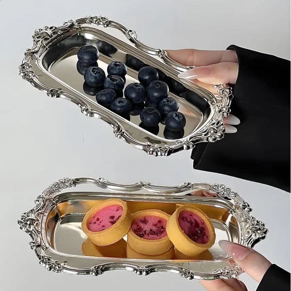 Vintage Embossed Stainless Steel Tray Serving Platter for Desserts Jewelry Storage Organizer Snack Plate For Dining Table Decor 260414