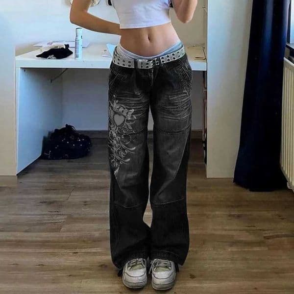 Strt style womens clothing irregular printed loose pants low waisted pleated washed distressed multicolored jeans L260414