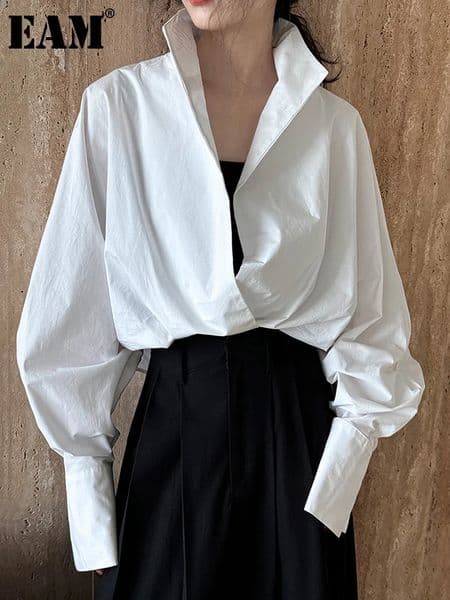 EAM Women White Shaped Brief Big Size Elegant Blouse V-neck Long Sleeve Shirt Fashion Spring Autumn 2026 1DH4759 260414