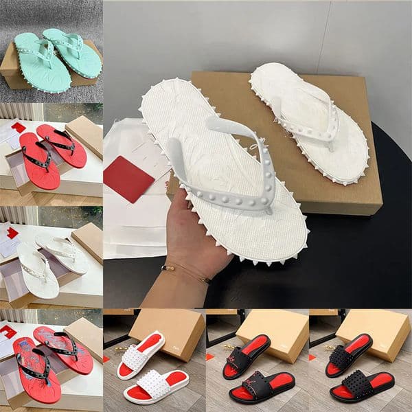 Designer Red Sole Flip Flop Red Sandals Slide For Men Women Leather Slippers Fashion Luxury Letter Bottom Flat Beach Rivet Shoes Sneaker 36-45