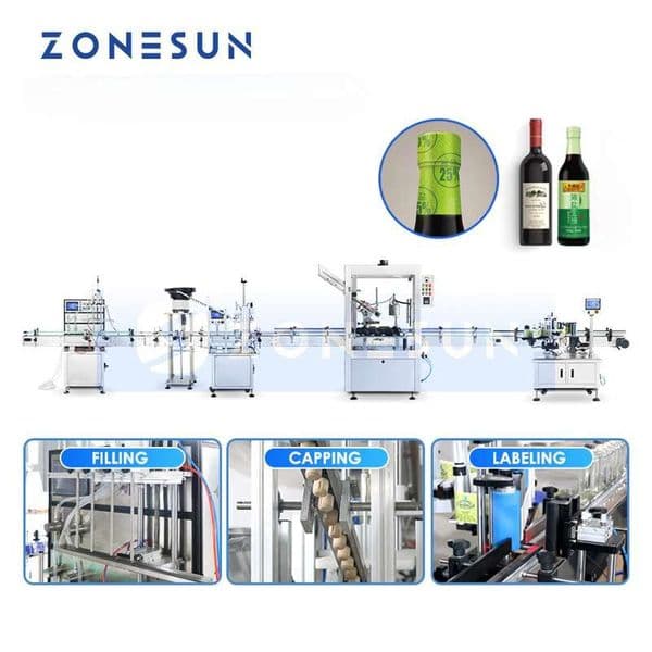 ZONESUN ZS-FAL180Z5 Liquid Bottle Filling Capping Machine with Cork PVC Capsule Shrinker Wrap Around Labeler for Beverage Production