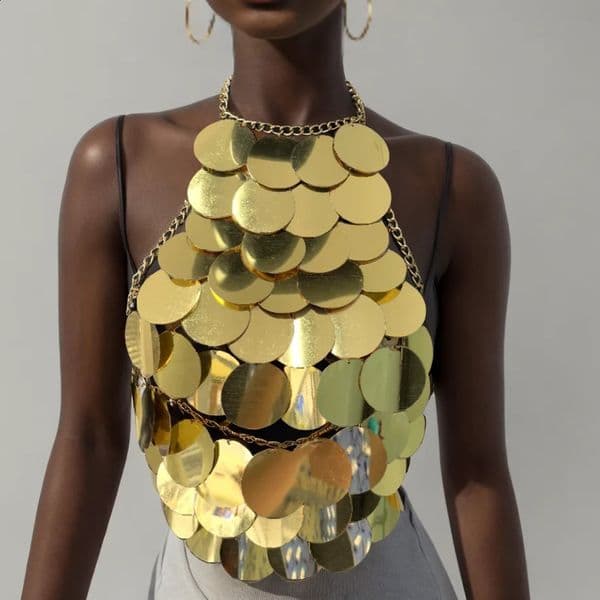 AKYZO European and American fashion sequin suspender sexy vest hand stitched gold circular hanging neck suspender top 260414BJ