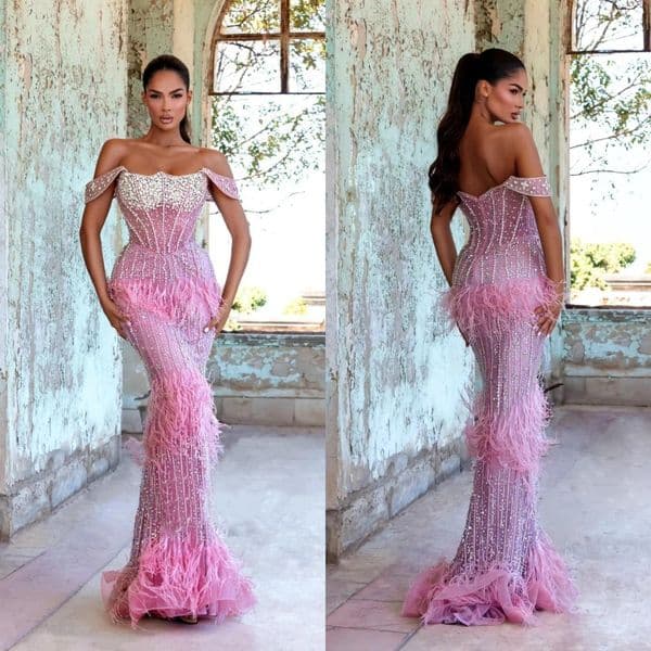 Exquisite Crystal Evening Dresses Feather Beading Mermaid Prom Dress Off Shoulder Rhinestone Customized Party Gown Vestidos De Noche Plus Size