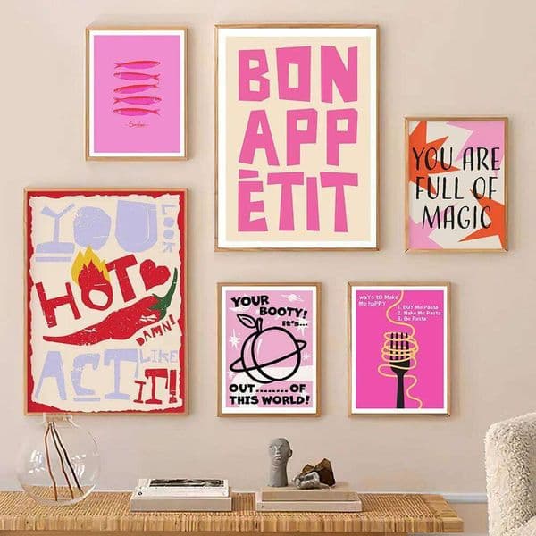 Retro Colour Poster Wall Art Pictures Pasta Humour Hot Pink Fish Sardines Print Kitchen Trendy Dining Room Decor 26H0415