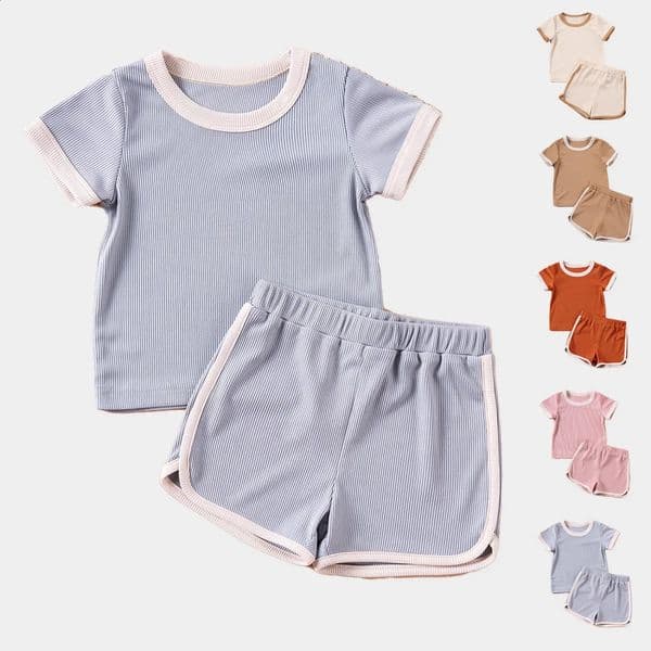 Boys Girls Ribbed Summer Outfit Set Toddler Short Sleeve T-Shirt Shorts Children 2Pcs Clothes Set Korean 1-6Y 260414