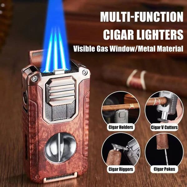 New Powerful Triple Flame Lighter, Multifunctional V-Shaped Cutter, Bottom Cigar Drill, Needle Threader, Visual Air Window