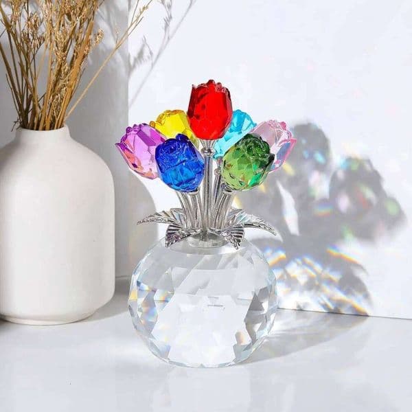 Crystal Rose Flower Figurine Colorful Romantic Home Decor Aesthetic Desk Ornament for Mothers Day Wedding Anniversary Gift