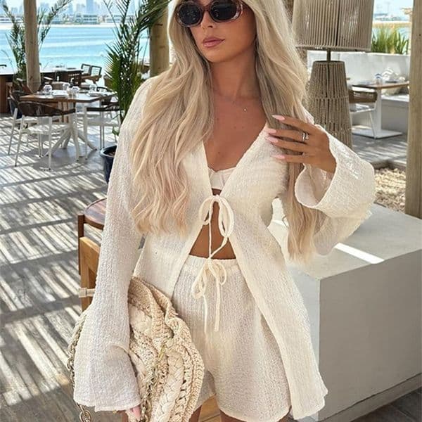 Crochet Hollowed Out Lapel Single Breasted Top Set Chic Solid Printed Wide Leg Pants Womens Suits 2026 Commuter Vacation Outfit 260414