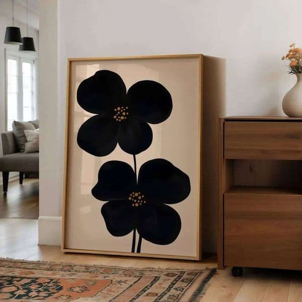 Moody Wall Art Floral Oversized Flower Print Abstract Mid Century Framed Print, Minimal Japandi Black & Beige Flowe 26H0415